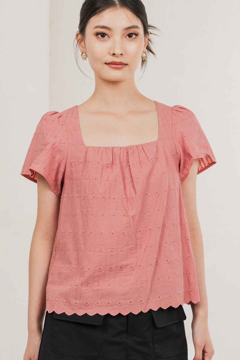 Genova Embroidery Eyelet Gathered Top In Rose