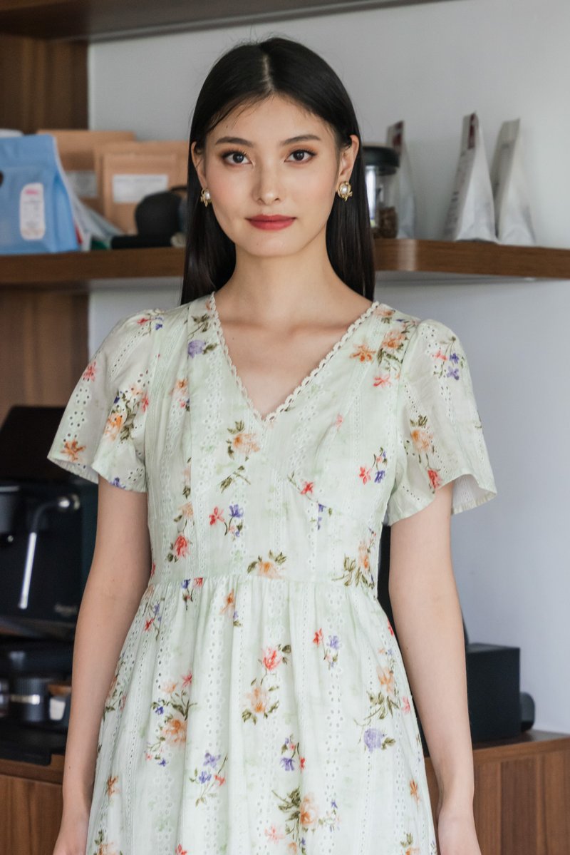Tinsdale Eyelet Empire Midi Dress in Tea Green