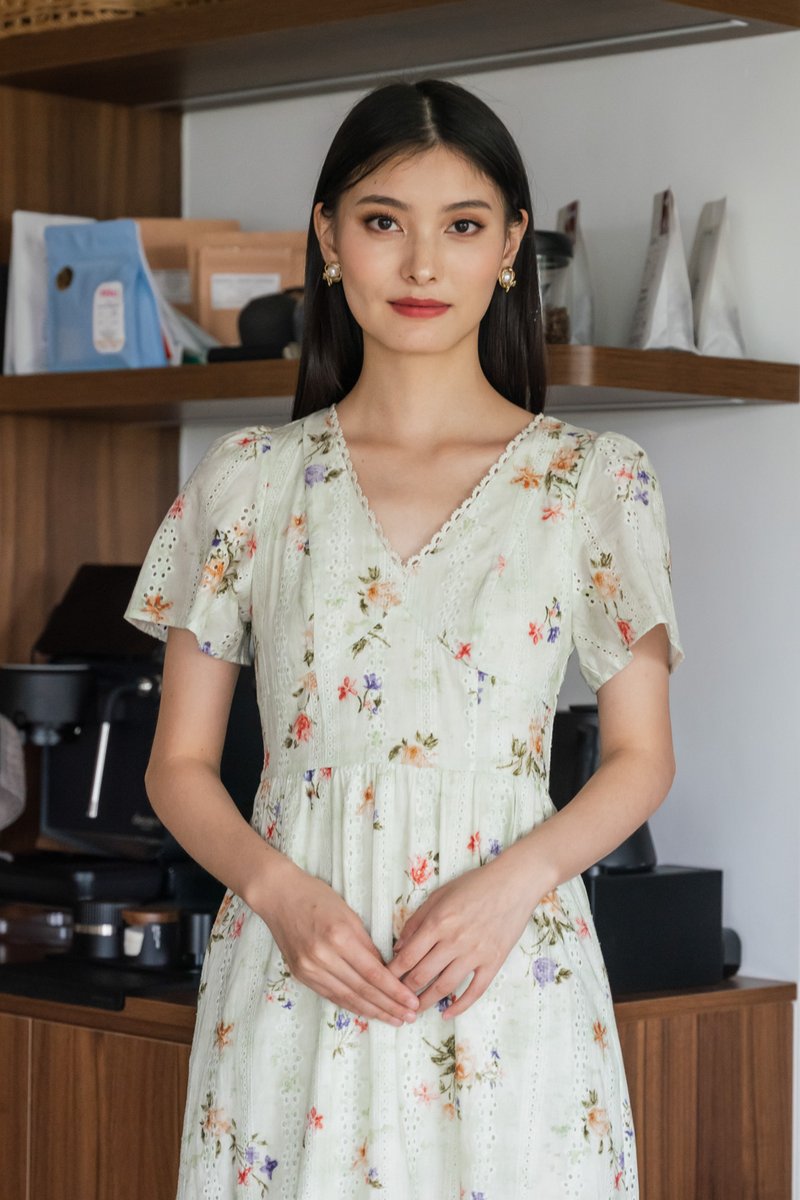 Tinsdale Eyelet Empire Midi Dress in Tea Green