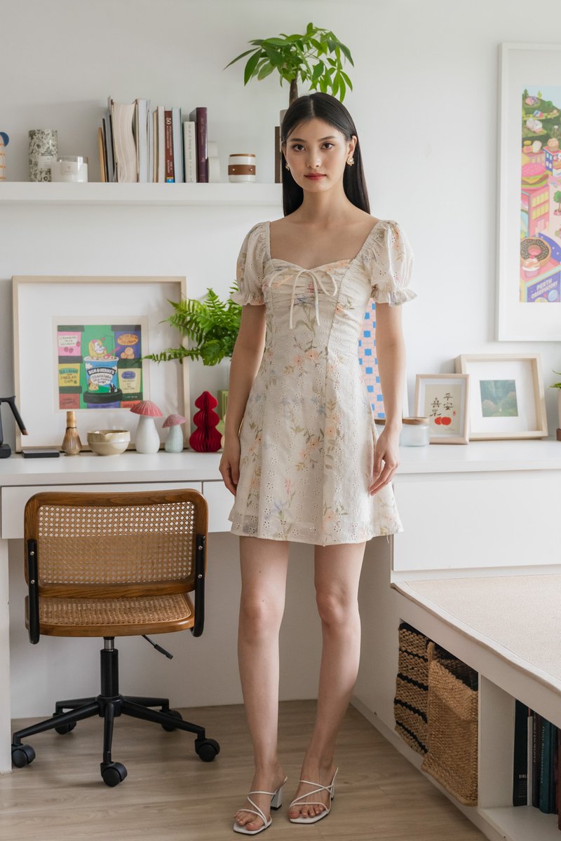 Cheer Fleur Eyelet Ribbon Ruched Dress