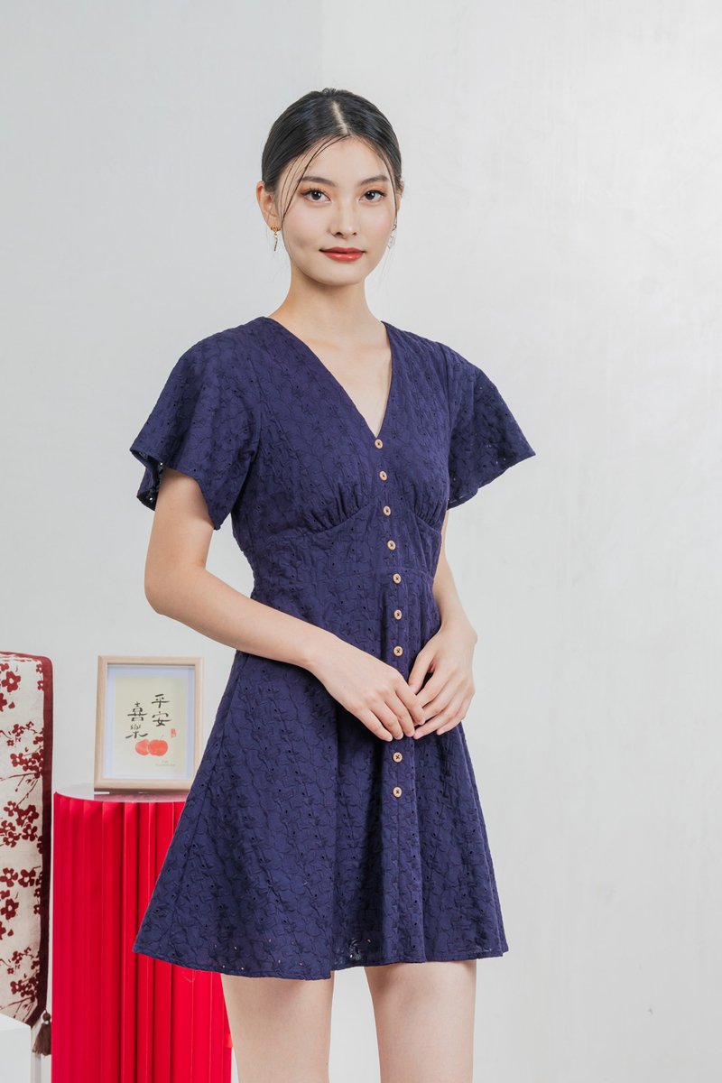 Era Eyelet Buttons Dress In Navy