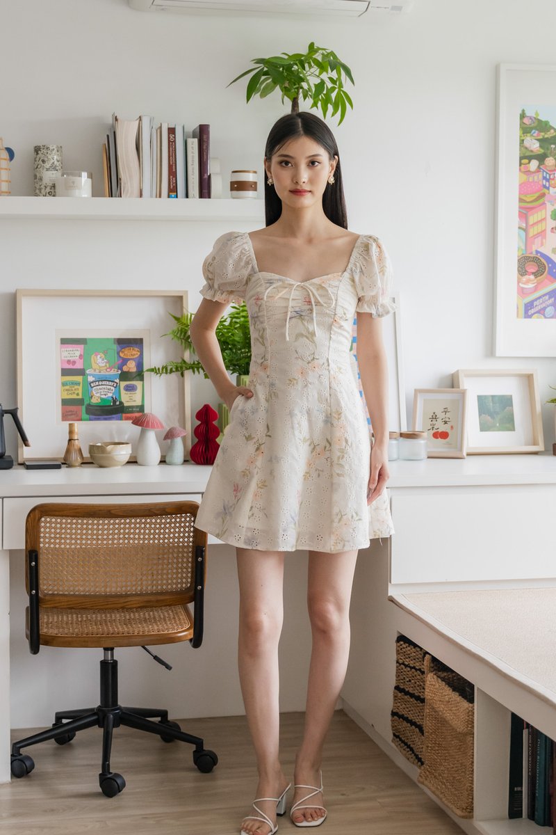 Cheer Fleur Eyelet Ribbon Ruched Dress