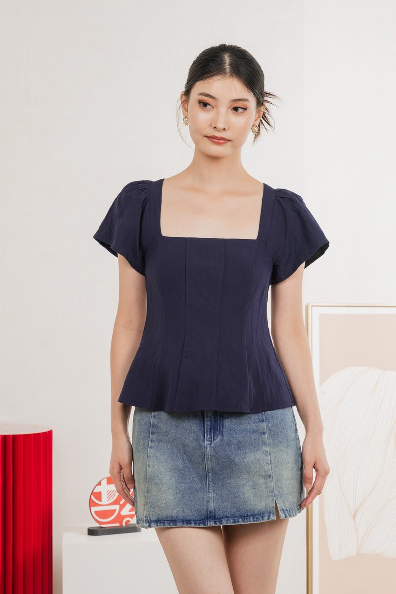 Tessie Tencel Panelled Top In Navy