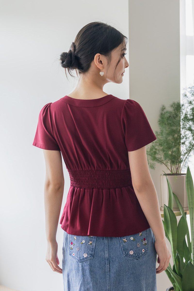 Calm Cotton Empire Buttons Top In Wine