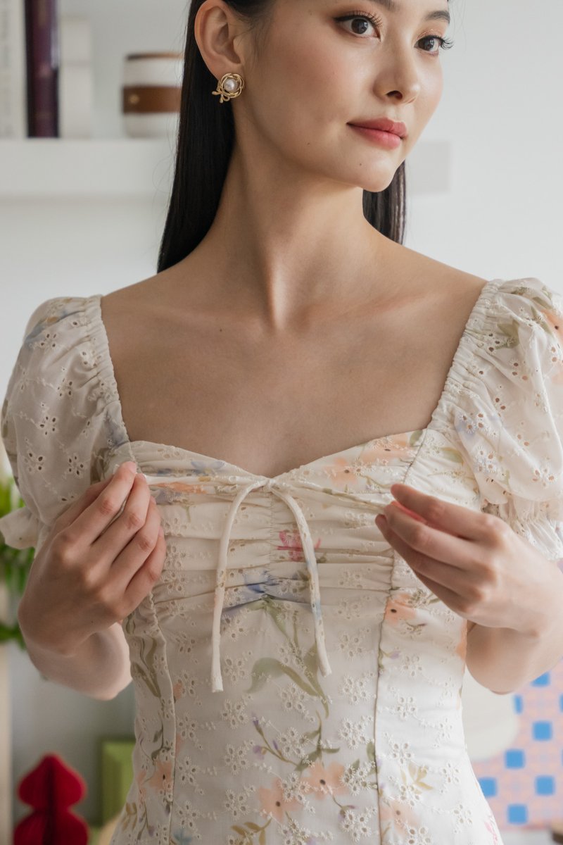 Cheer Fleur Eyelet Ribbon Ruched Dress
