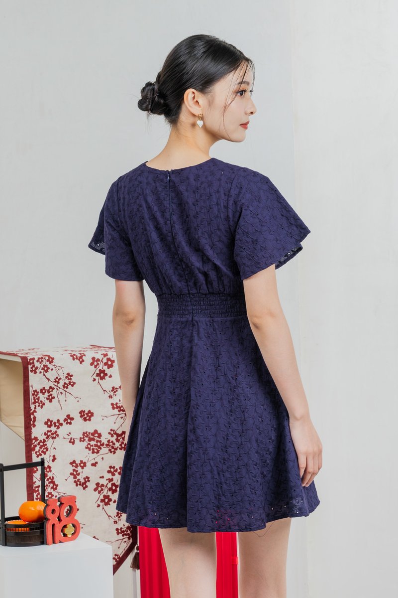 Era Eyelet Buttons Dress In Navy