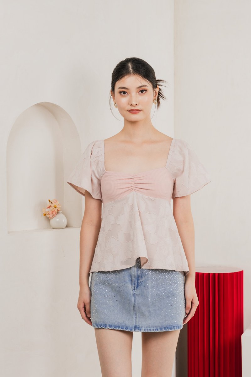 Blush Mixed Fabric Textured Top In Pink