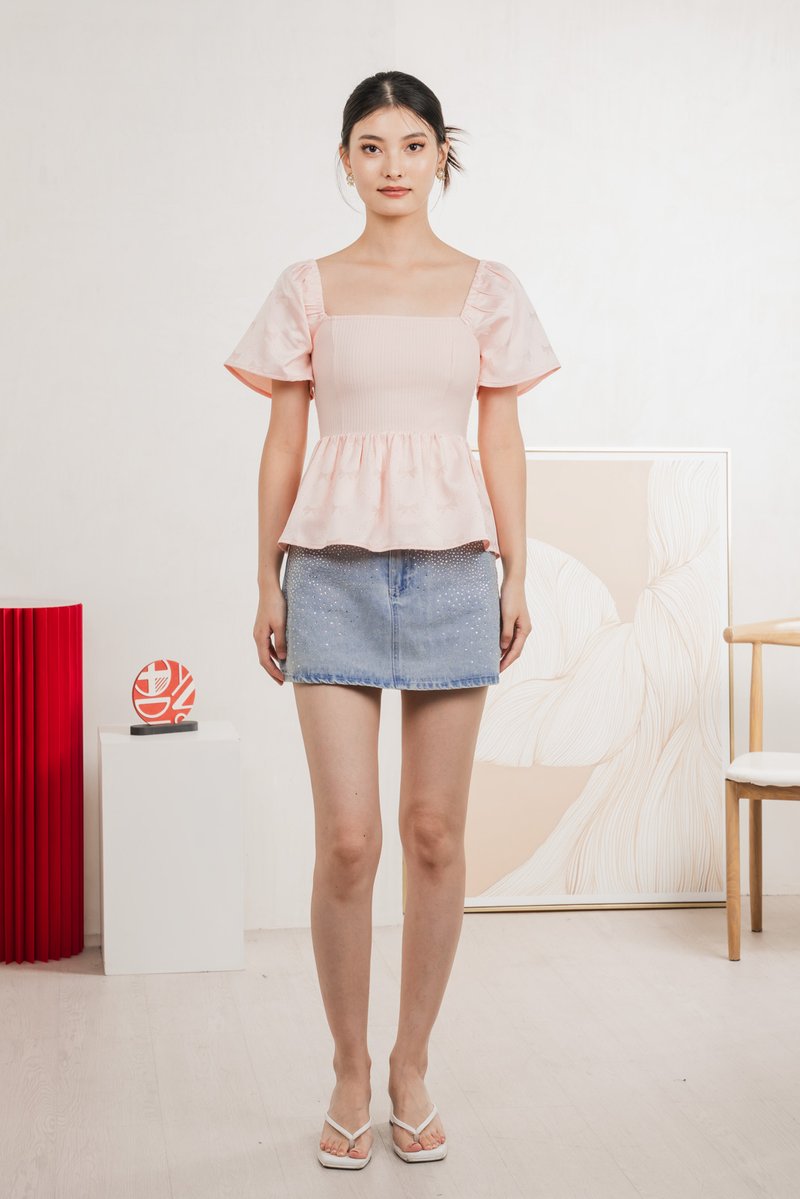 Marcelle Mixed Fabric Ribbon Texture Top In Blush Pink