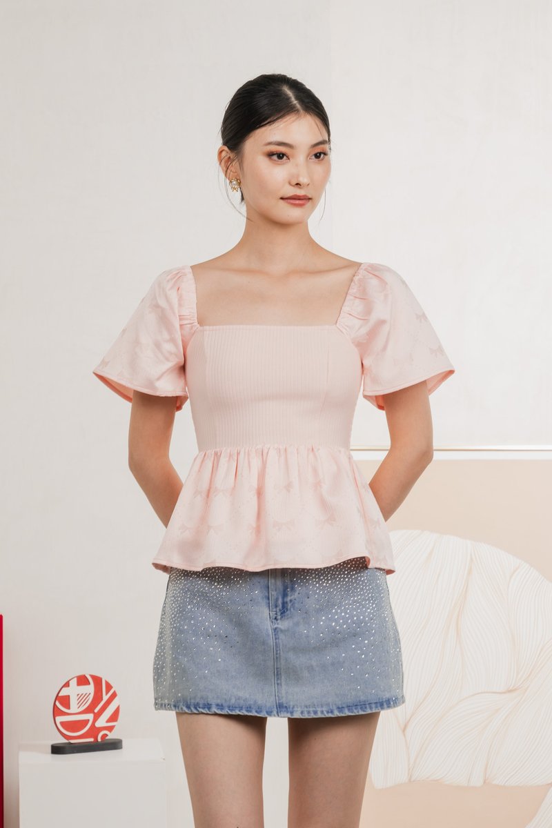 Marcelle Mixed Fabric Ribbon Texture Top In Blush Pink
