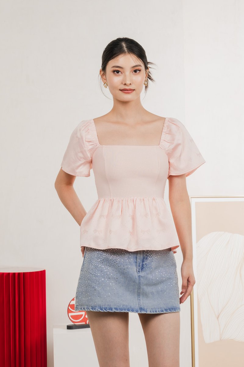 Marcelle Mixed Fabric Ribbon Texture Top In Blush Pink