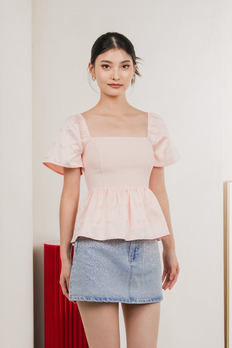 Marcelle Mixed Fabric Ribbon Texture Top In Blush Pink