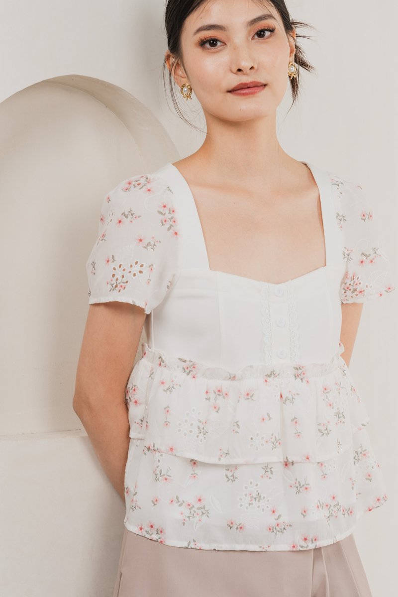 In Bloom Embroidery Buttons Top In Red Florals