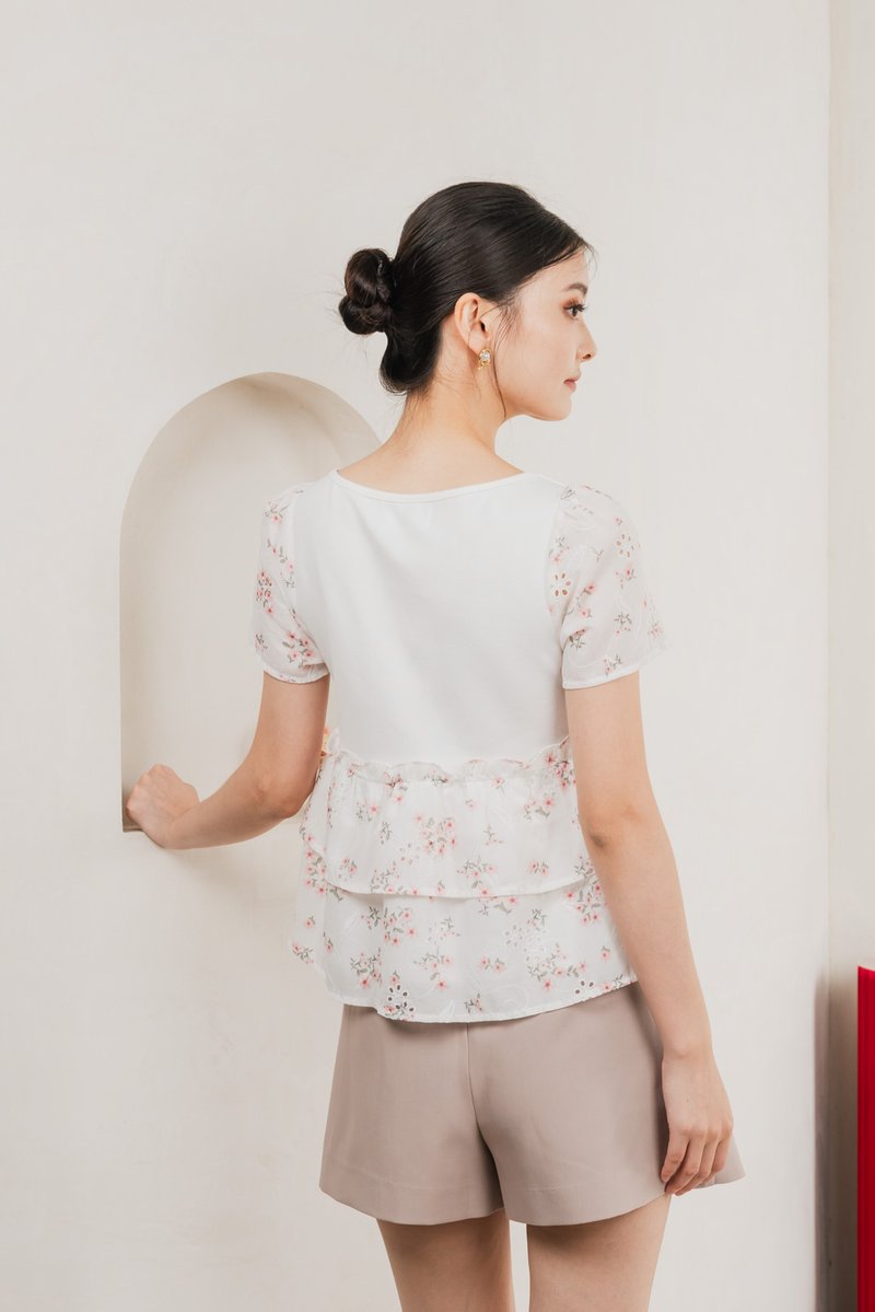 In Bloom Embroidery Buttons Top In Red Florals