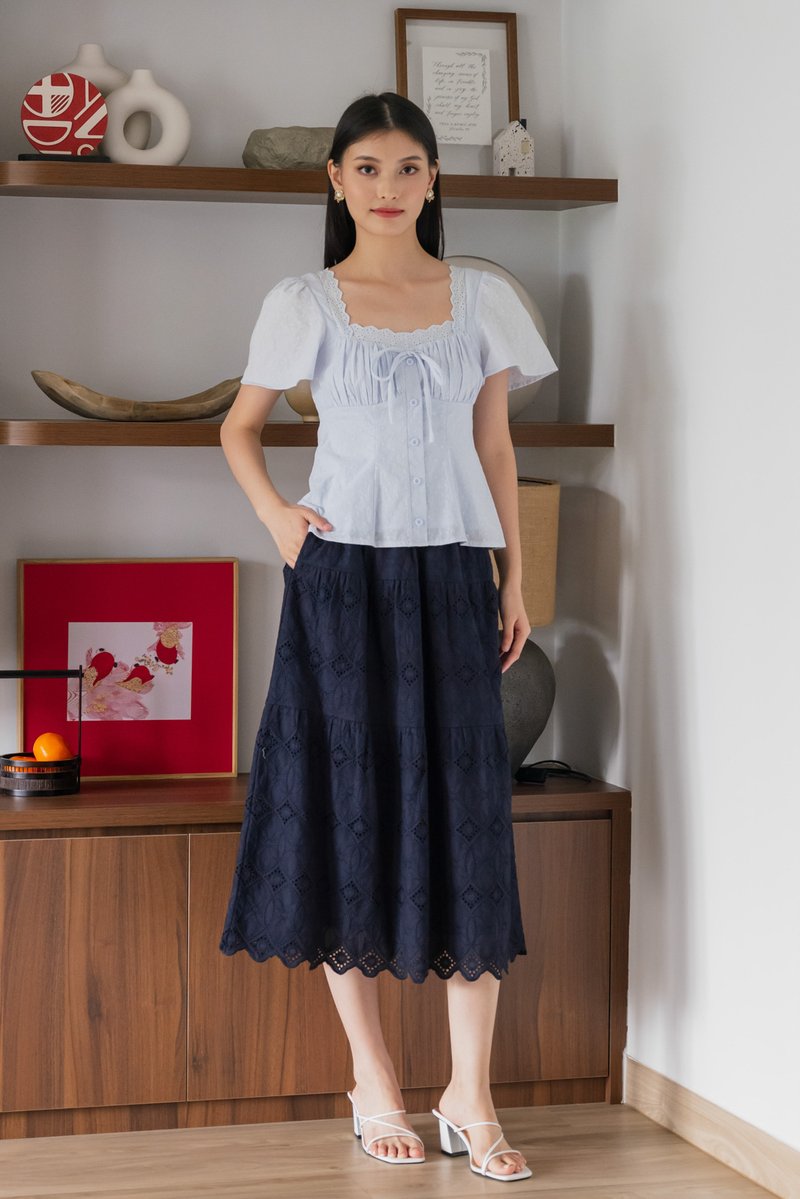 Amigo Embroidery Eyelet Ruched Top In Powder Blue