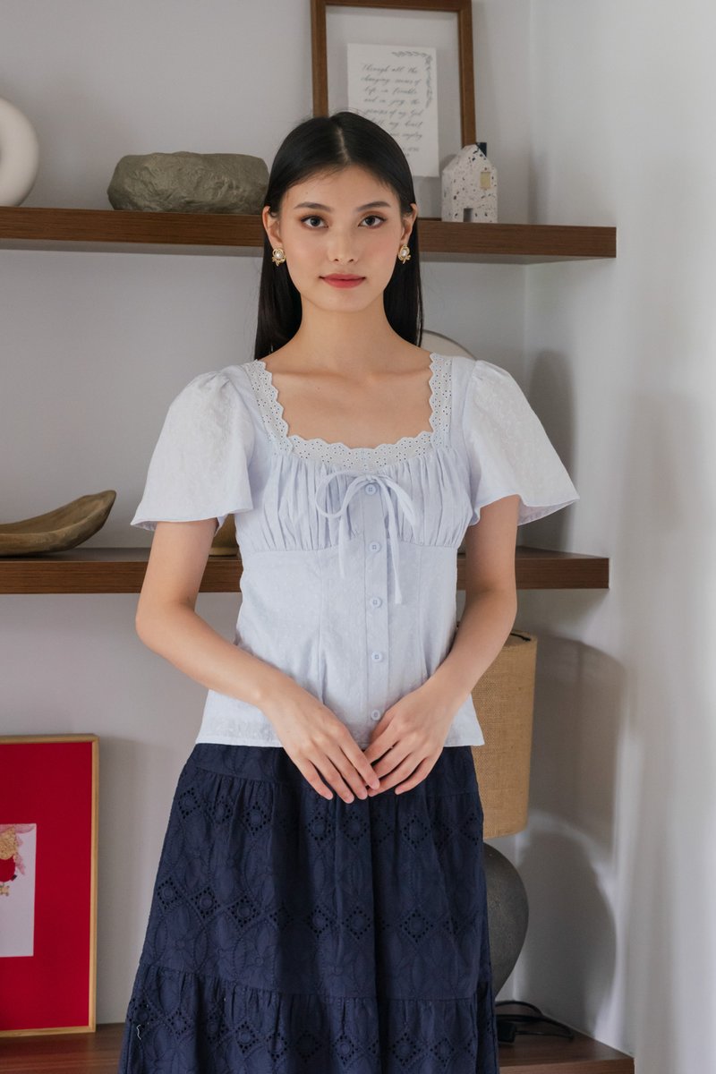 Amigo Embroidery Eyelet Ruched Top In Powder Blue