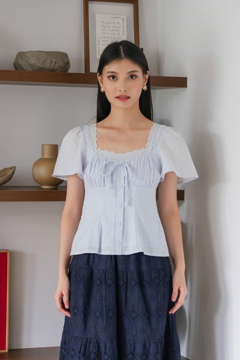 Amigo Embroidery Eyelet Ruched Top In Powder Blue