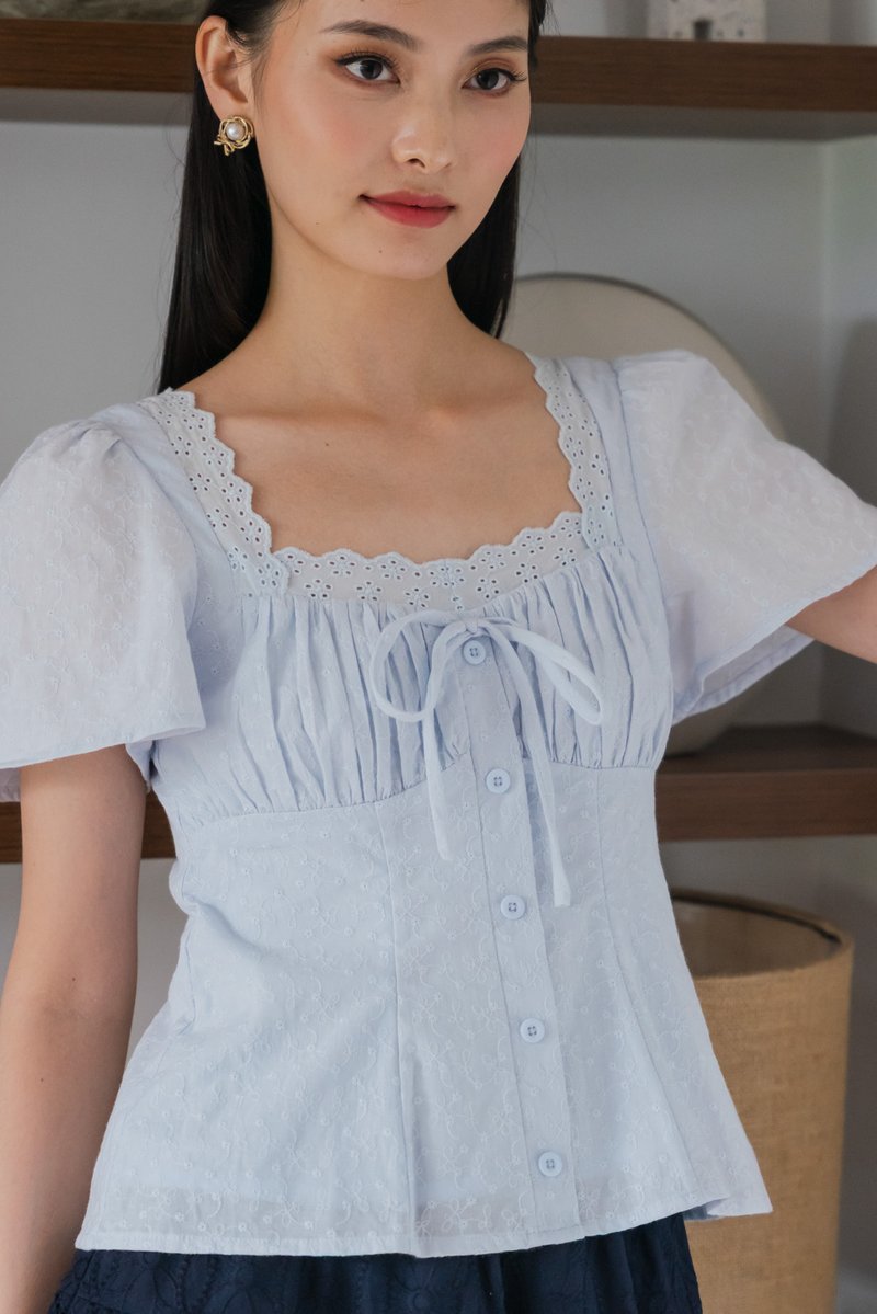 Amigo Embroidery Eyelet Ruched Top In Powder Blue
