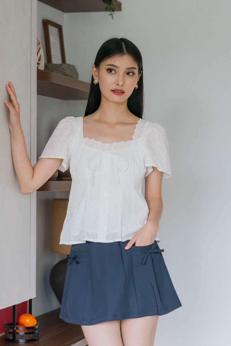 Amigo Embroidery Eyelet Ruched Top In White