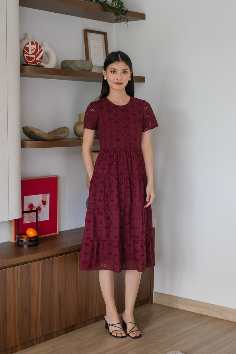 Orchid Eyelet Tiered Midi Dress In Burgundy