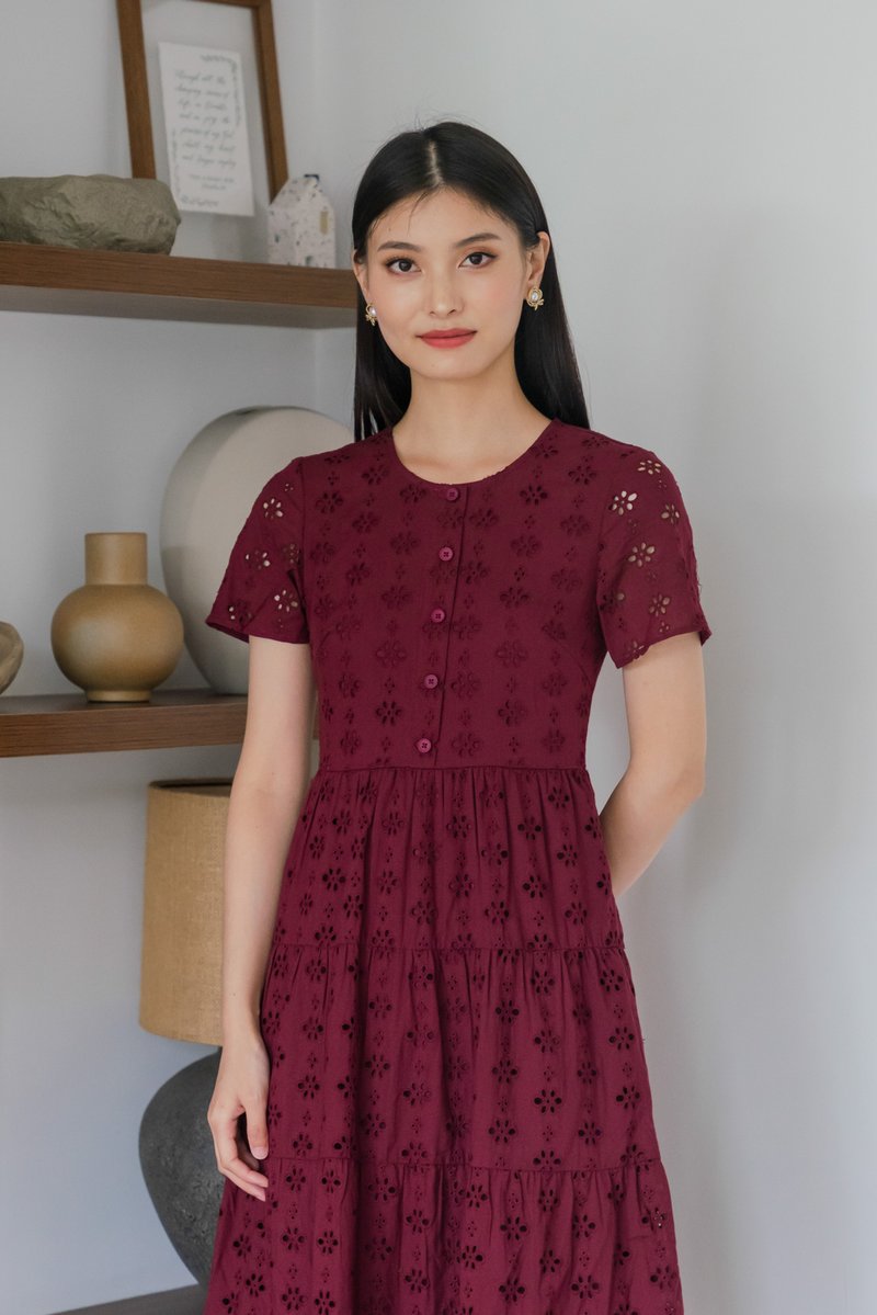 Orchid Eyelet Tiered Midi Dress In Burgundy