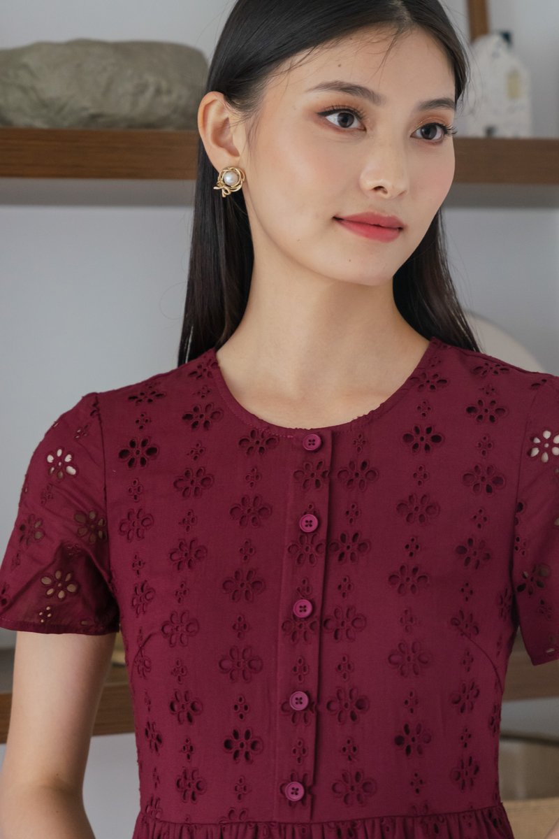 Orchid Eyelet Tiered Midi Dress In Burgundy