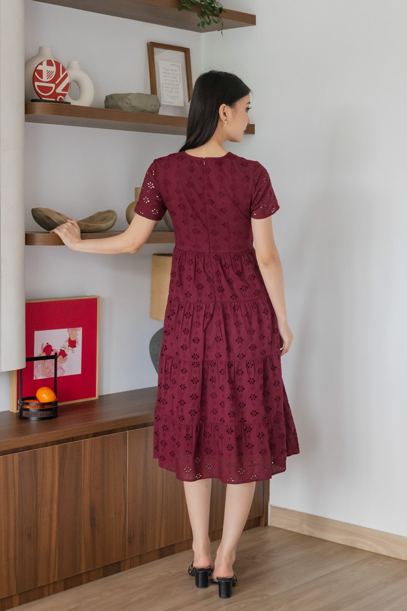 Orchid Eyelet Tiered Midi Dress In Burgundy