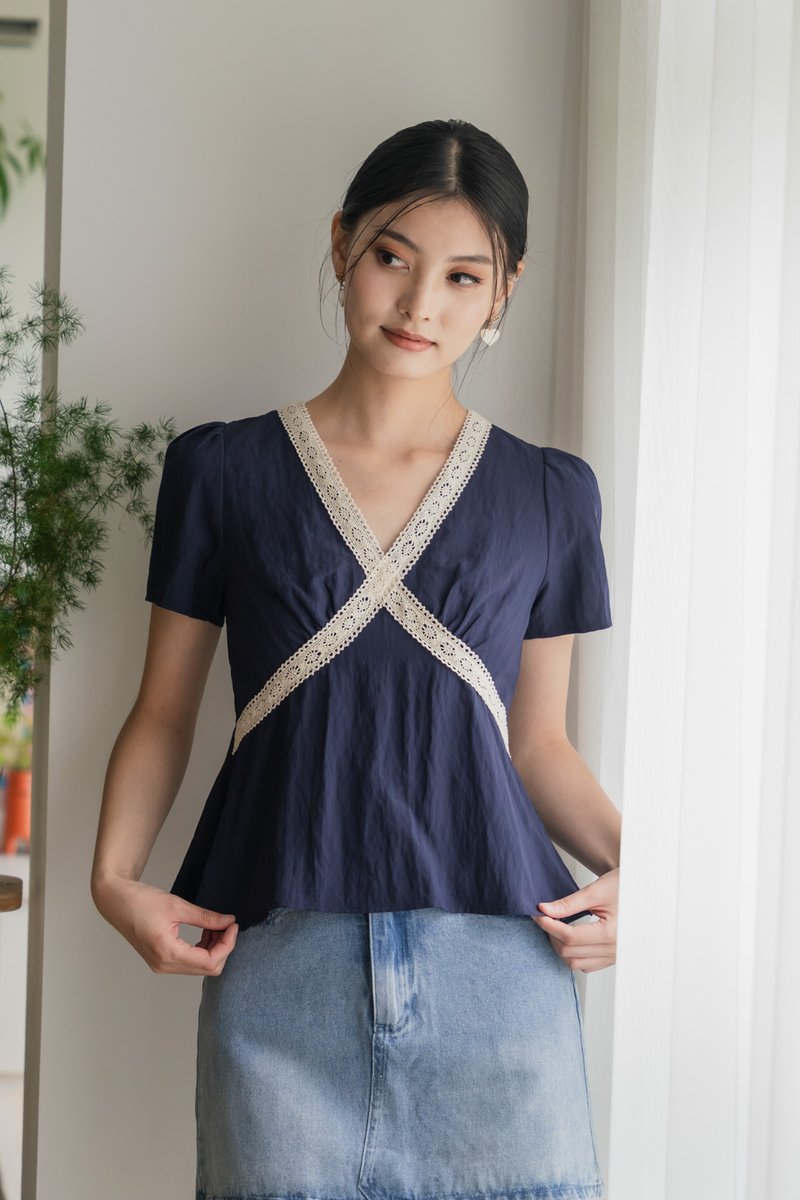 Wanderlust Crochet Babydoll Top In Navy