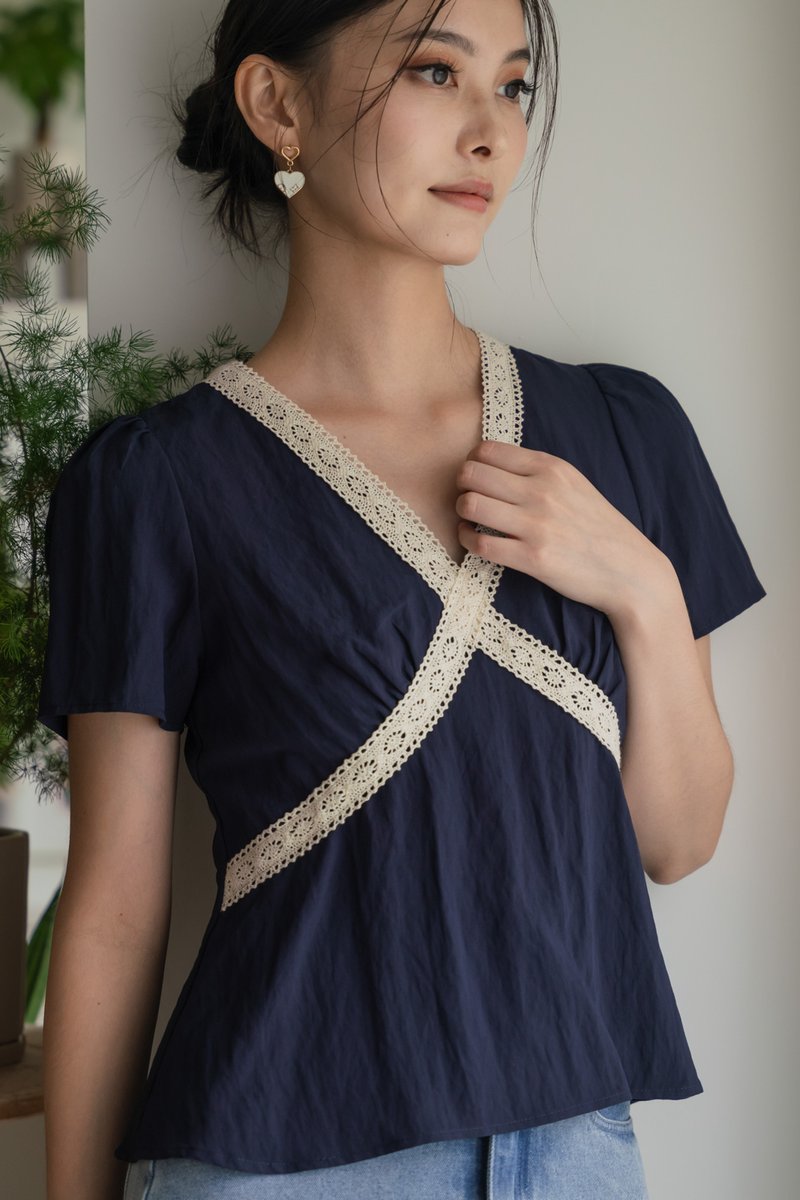 Wanderlust Crochet Babydoll Top In Navy