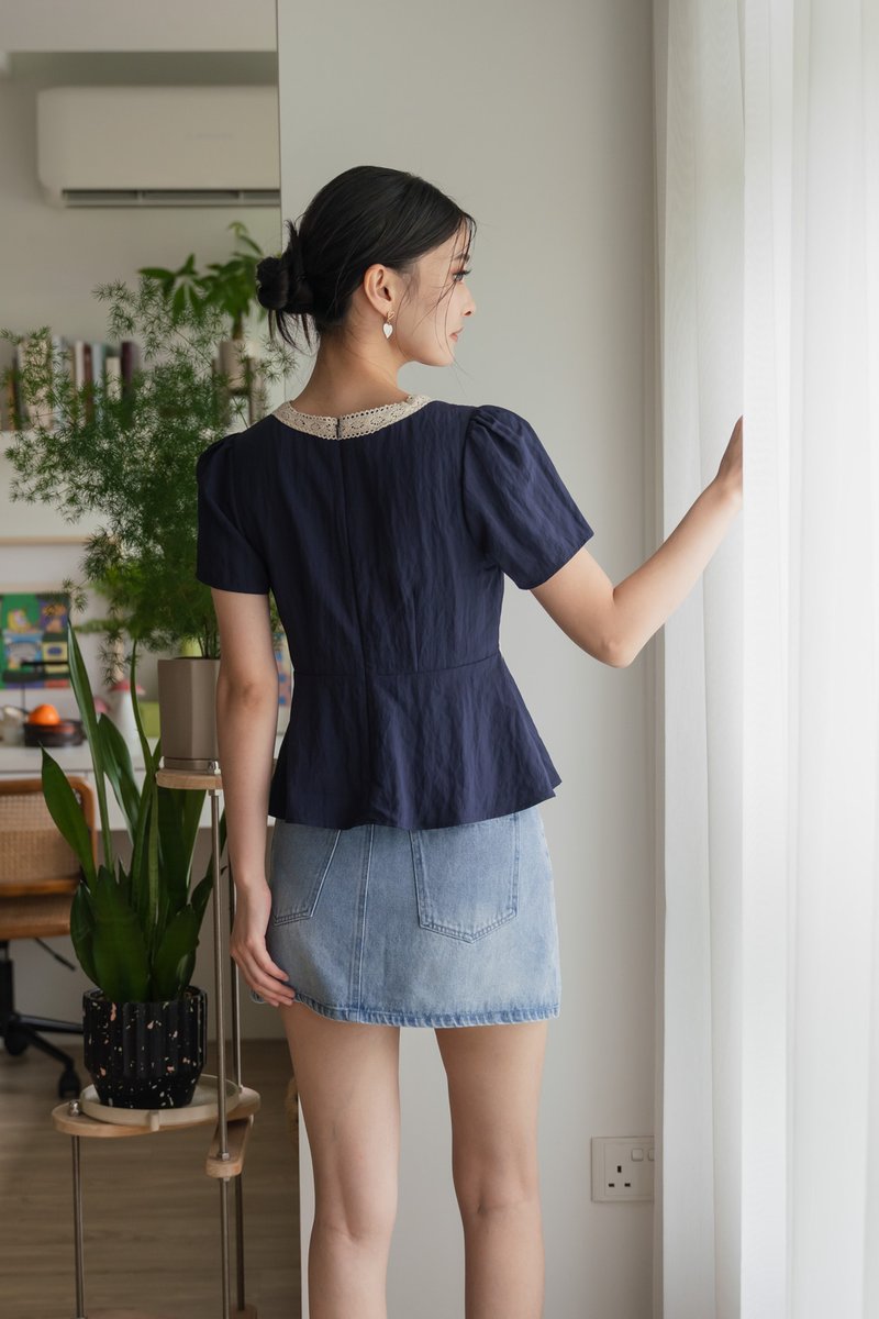 Wanderlust Crochet Babydoll Top In Navy