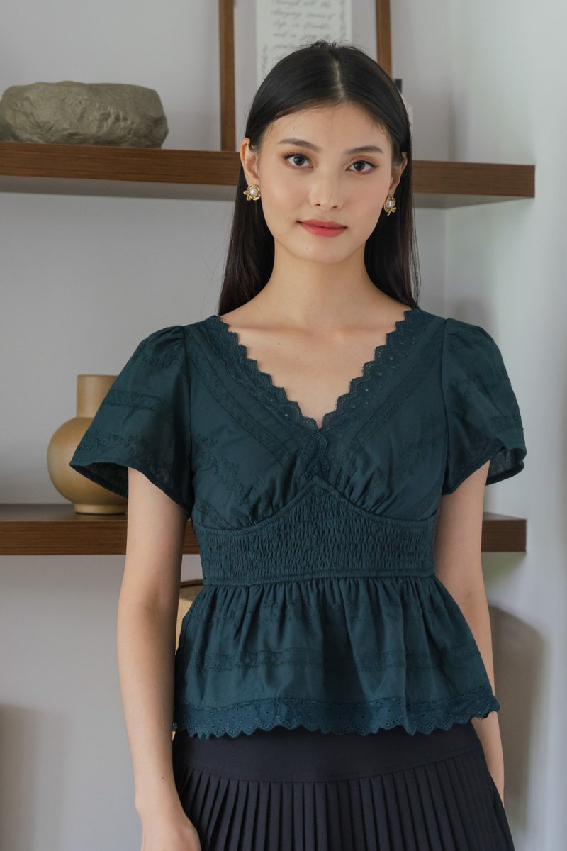 Melvita Lace Smocked Waist Top In Emerald