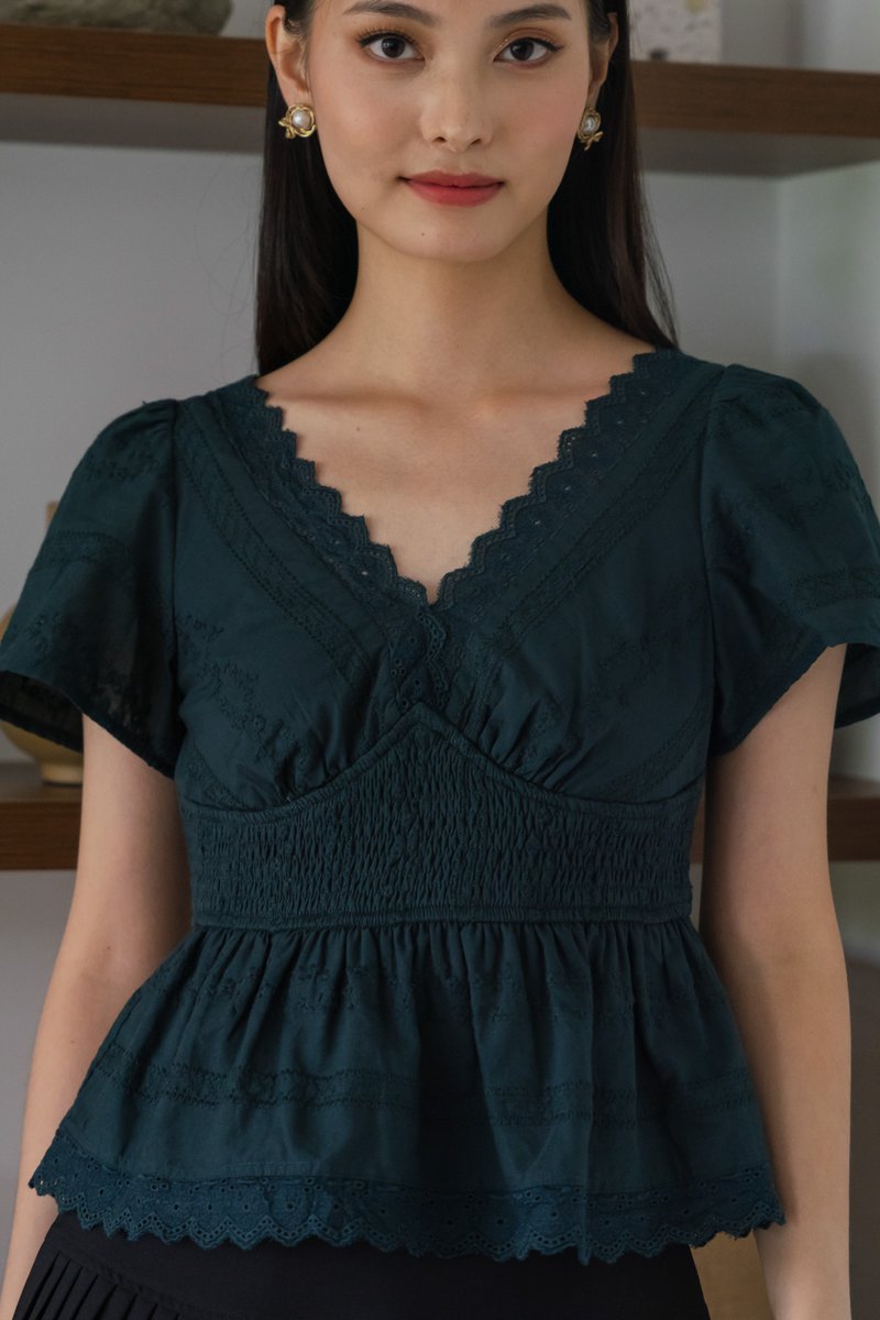 Melvita Lace Smocked Waist Top In Emerald