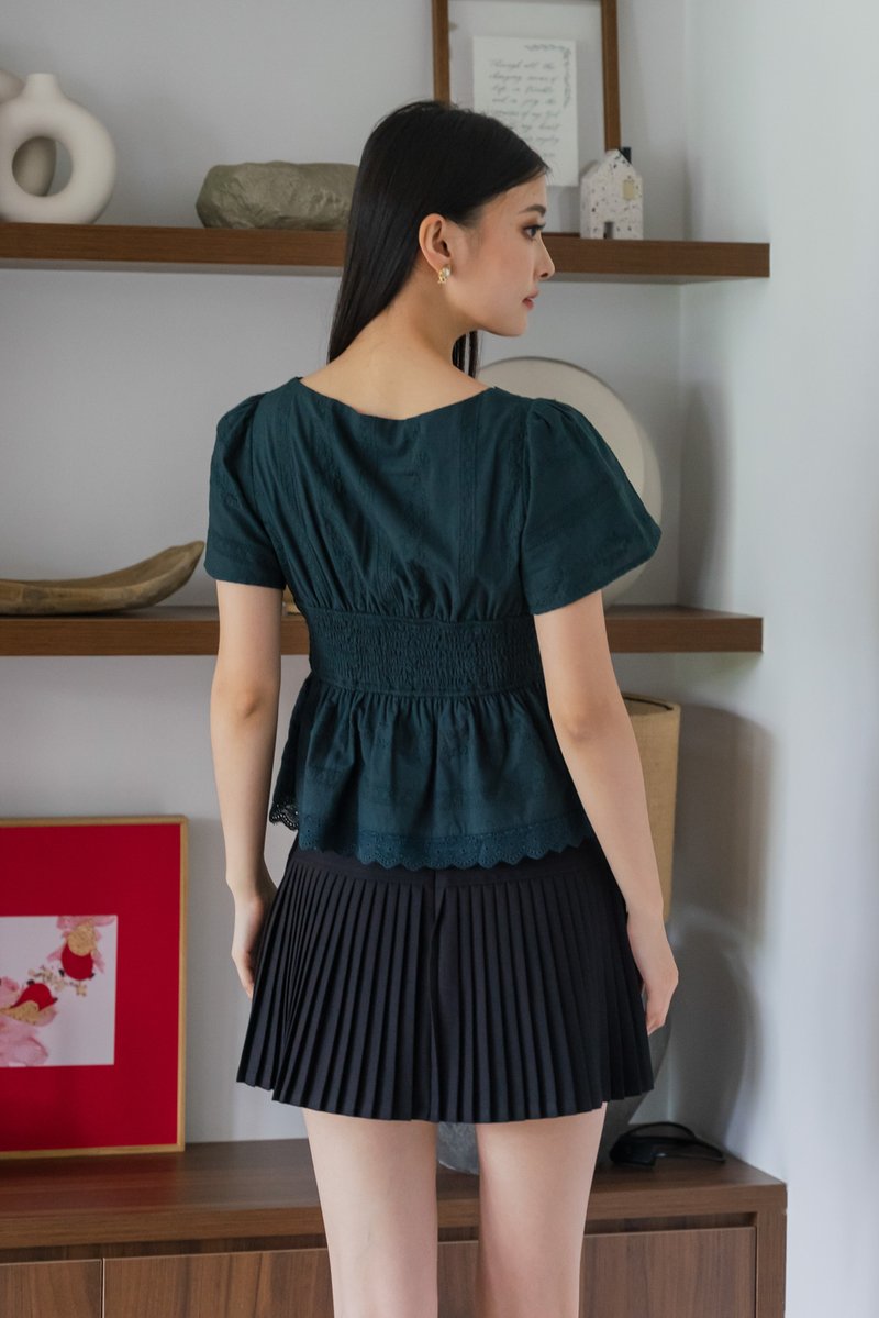 Melvita Lace Smocked Waist Top In Emerald