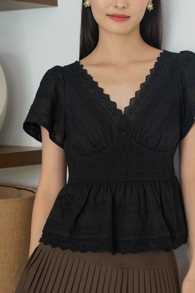 Melvita Lace Smocked Waist Top In Black