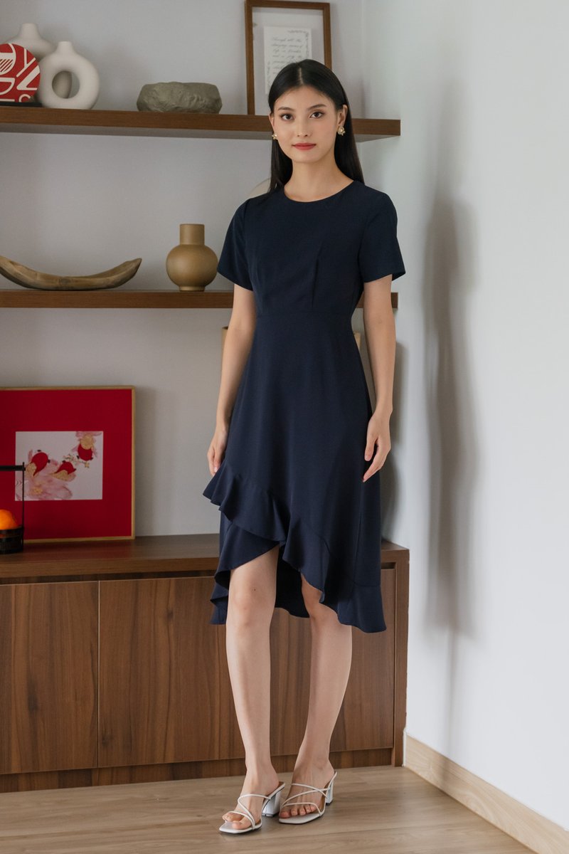 Sharon Ruffle Hem Midi Dress In Navy