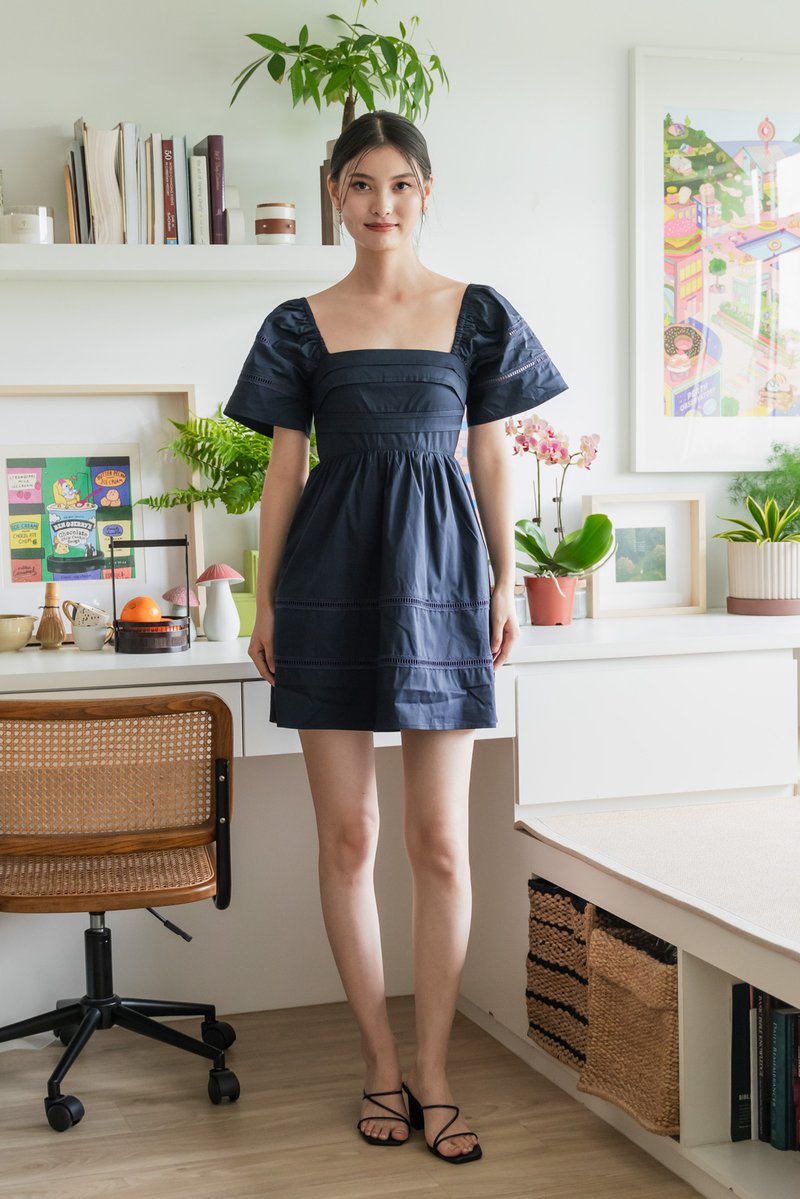 Timeless Pintuck Crochet Dress In Navy