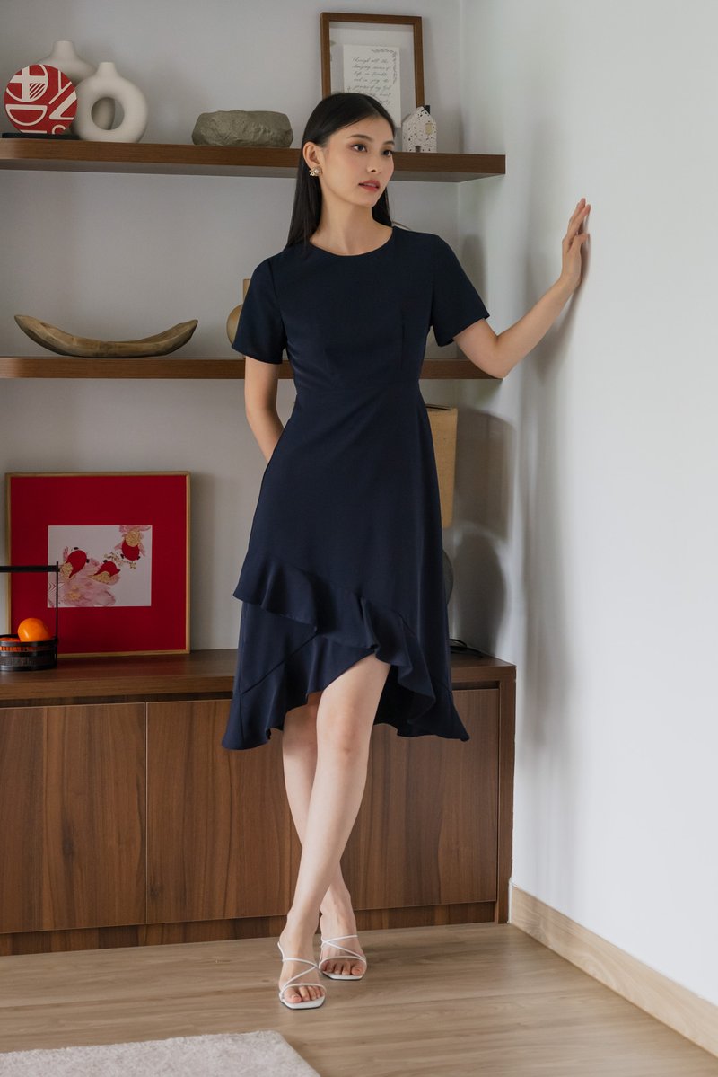 Sharon Ruffle Hem Midi Dress In Navy