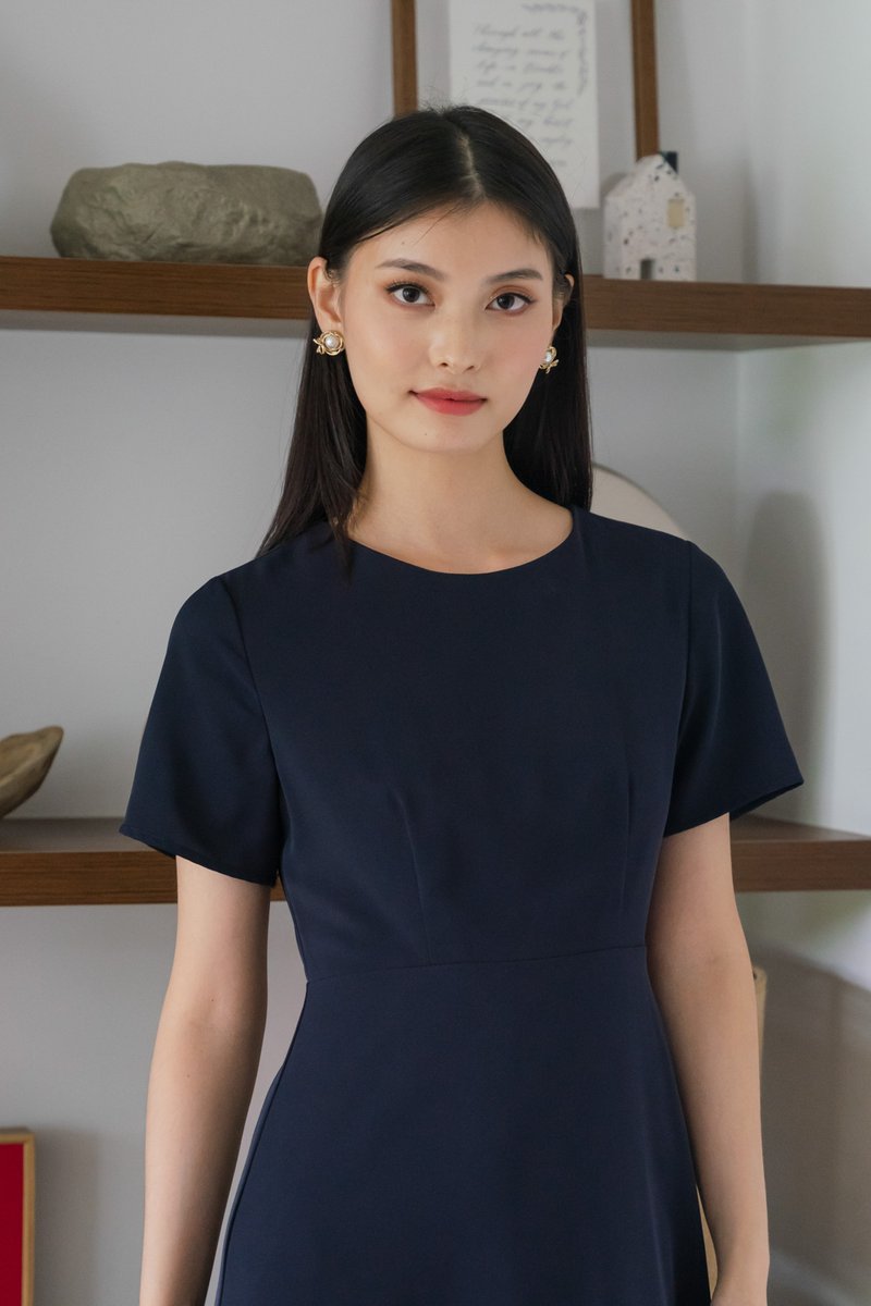 Sharon Ruffle Hem Midi Dress In Navy