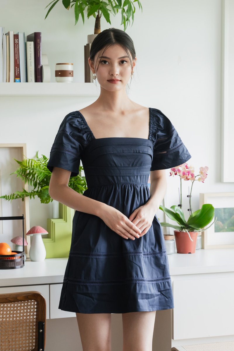 Timeless Pintuck Crochet Dress In Navy