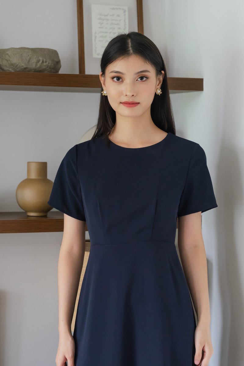 Sharon Ruffle Hem Midi Dress In Navy