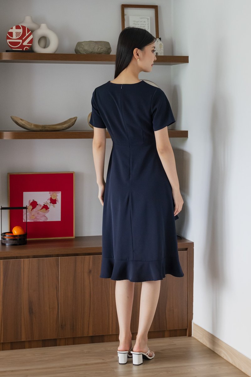 Sharon Ruffle Hem Midi Dress In Navy
