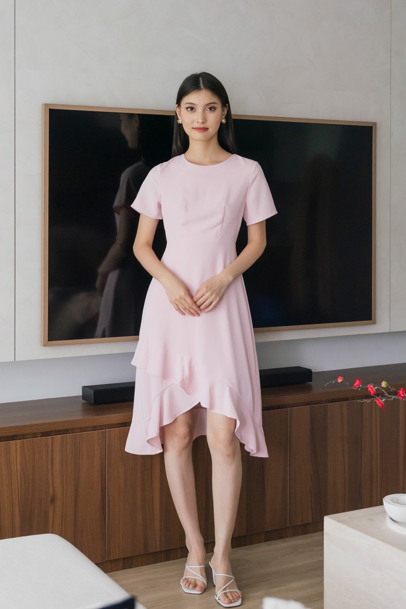 Sharon Ruffle Hem Midi Dress In Pink