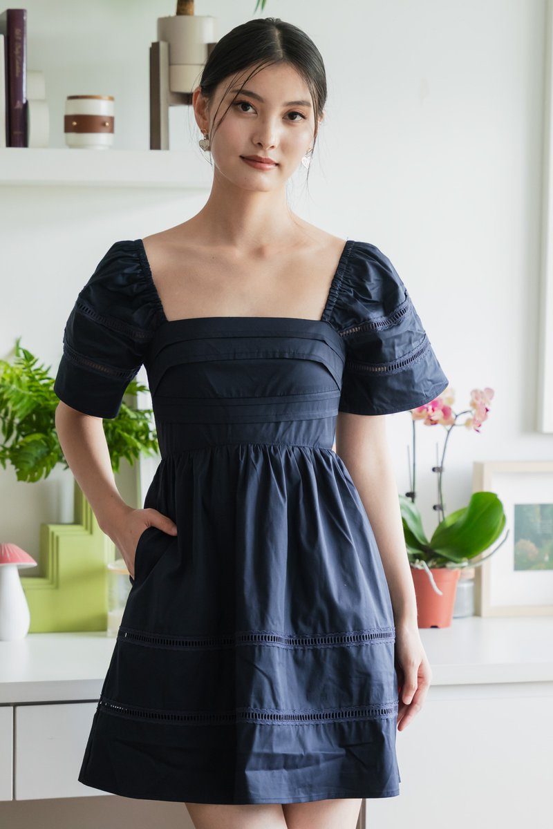 Timeless Pintuck Crochet Dress In Navy