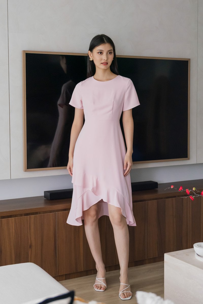 Sharon Ruffle Hem Midi Dress In Pink