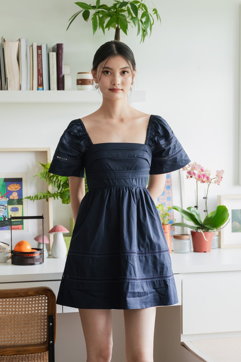Timeless Pintuck Crochet Dress In Navy