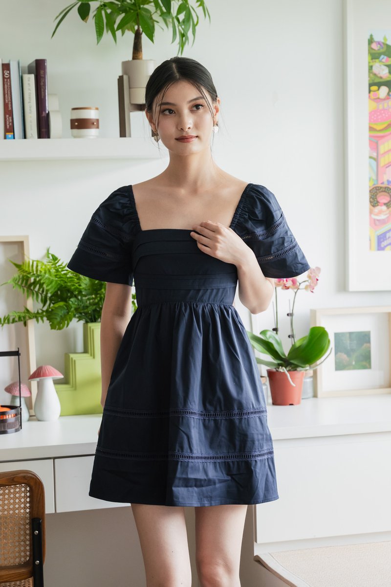 Timeless Pintuck Crochet Dress In Navy