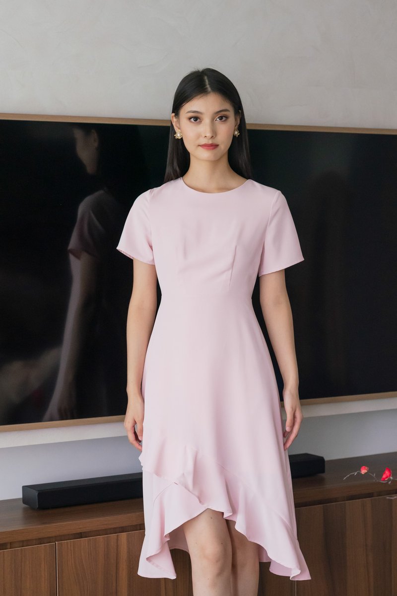 Sharon Ruffle Hem Midi Dress In Pink