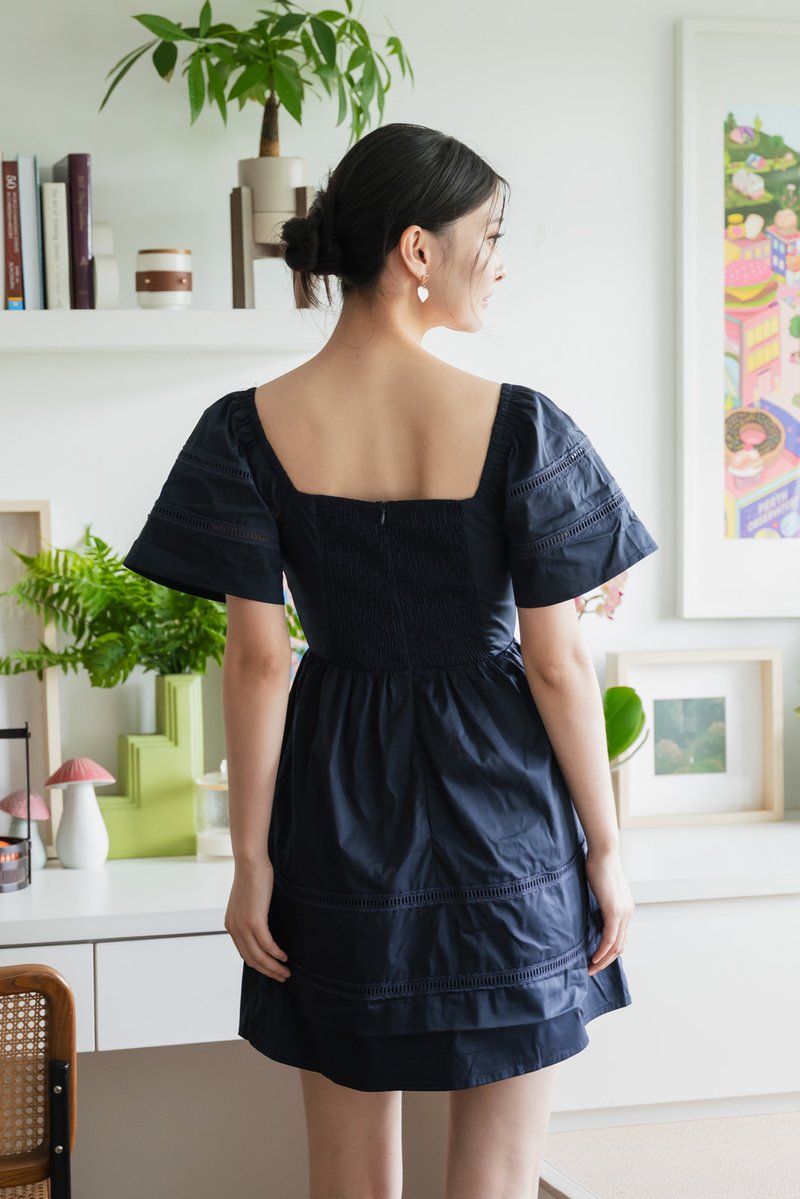 Timeless Pintuck Crochet Dress In Navy