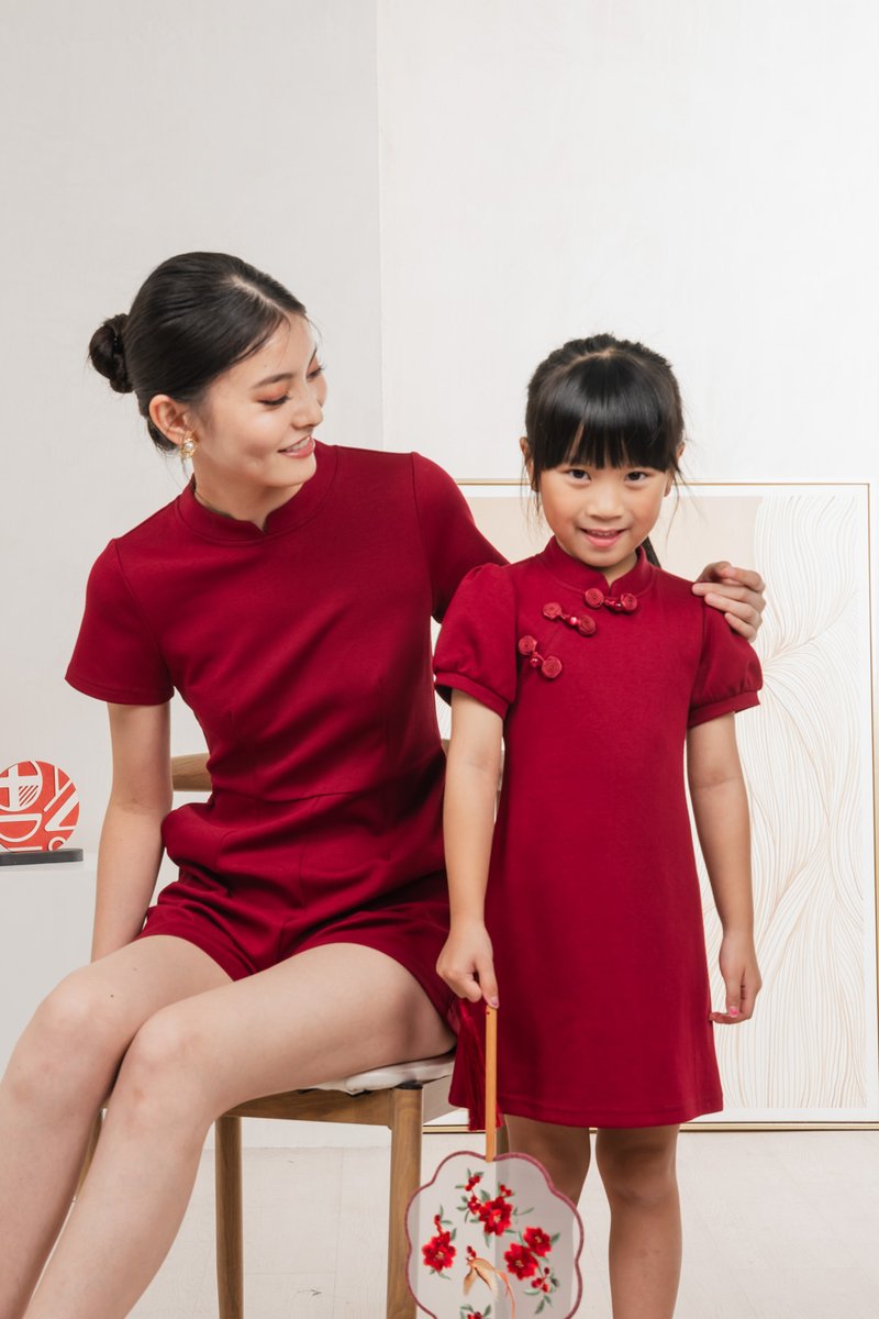 Huan Kids Cotton Cheongsam Dress In Wine