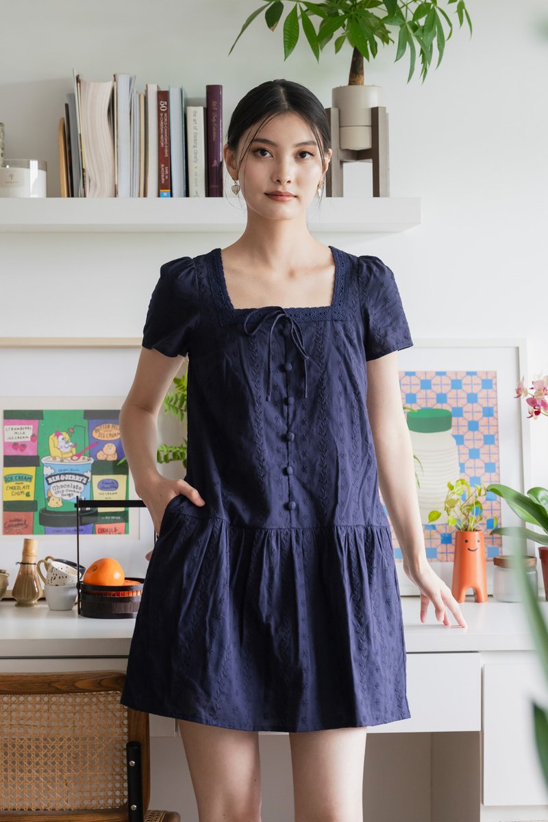 Delia Embroidery Ribbon Buttons Dress In Navy(S)