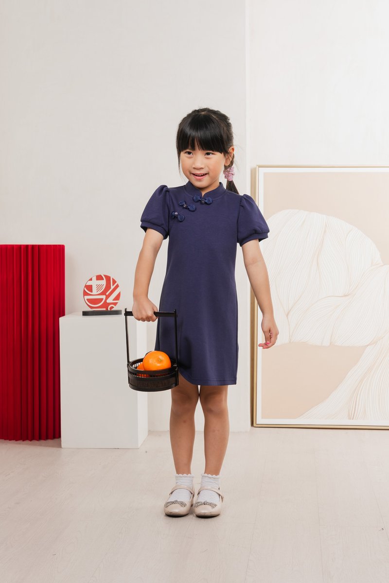 Huan Kids Cotton Cheongsam Dress In Navy